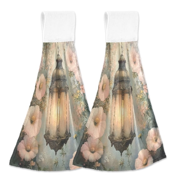 BZSMCE Hanging Hand Towels Fashion Floral Lantern Artwork Pattern 2-Pack - Velcro Style Bathroom Kitchen Towels