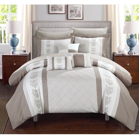 Chic Home Clayton Sheets-Colorblocked Down Alternative Comforter with Shams, 3 Decorative Pillows and Bedding, Queen, and King Size, Twin - 8 Piece Set, Beige