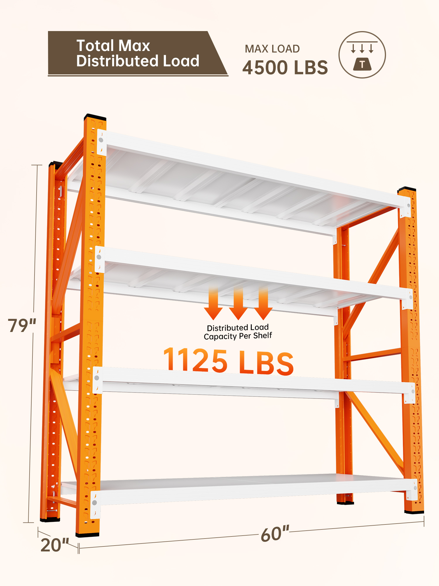 Welfiya 4-Tier Garage Storage Shelves,79"H Heavy Duty Garage Shelving Unit,Adjustable Industrial Metal Shelf System,4500lbs Capacity,Tool Organizer for Garage,Workshop,60"W x 20"D x 79"H,Orange&White