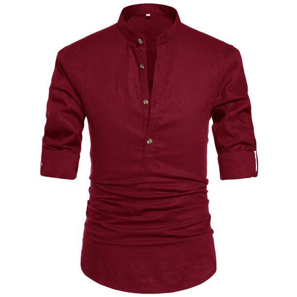 Iceglad Men Henley Neck Long Sleeve Daily Look Linen Shirts Casual