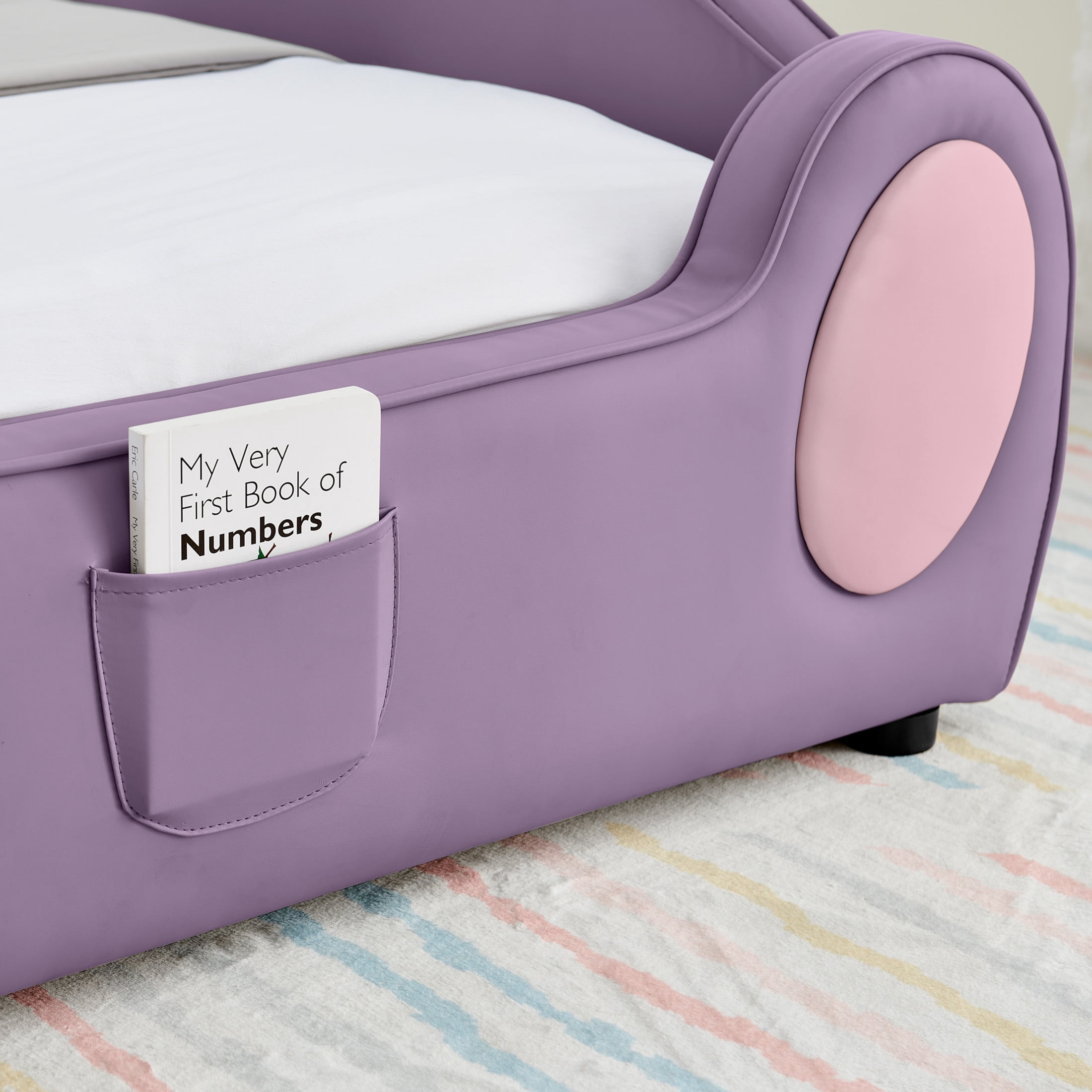 Noble House Mavor Twin Size Cute Cloud PU Leather Kids Bed with Guardrails, Cartoon Safety Toddler Bed, Pink Purple