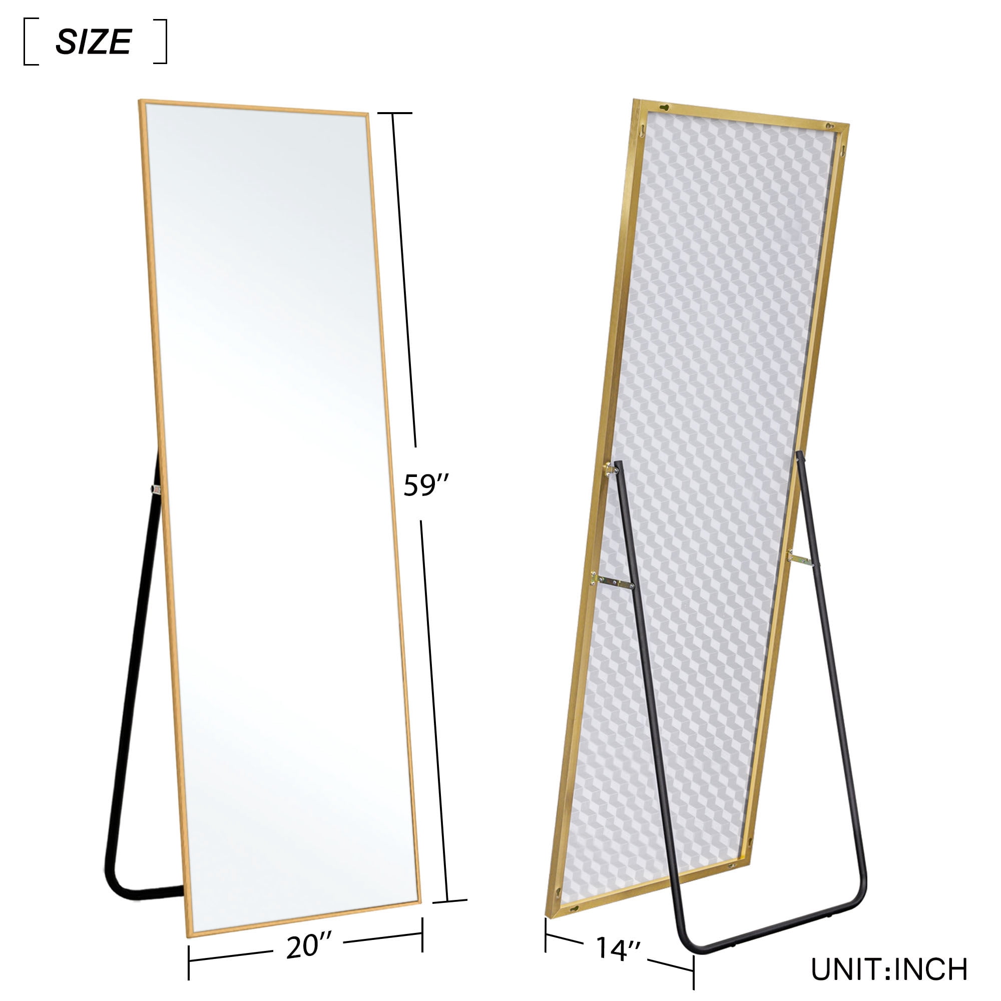 59"x20" Full Length Mirror Aluminum Alloy Rectangle Body Dressing Floor Mirrors with Stand Gold