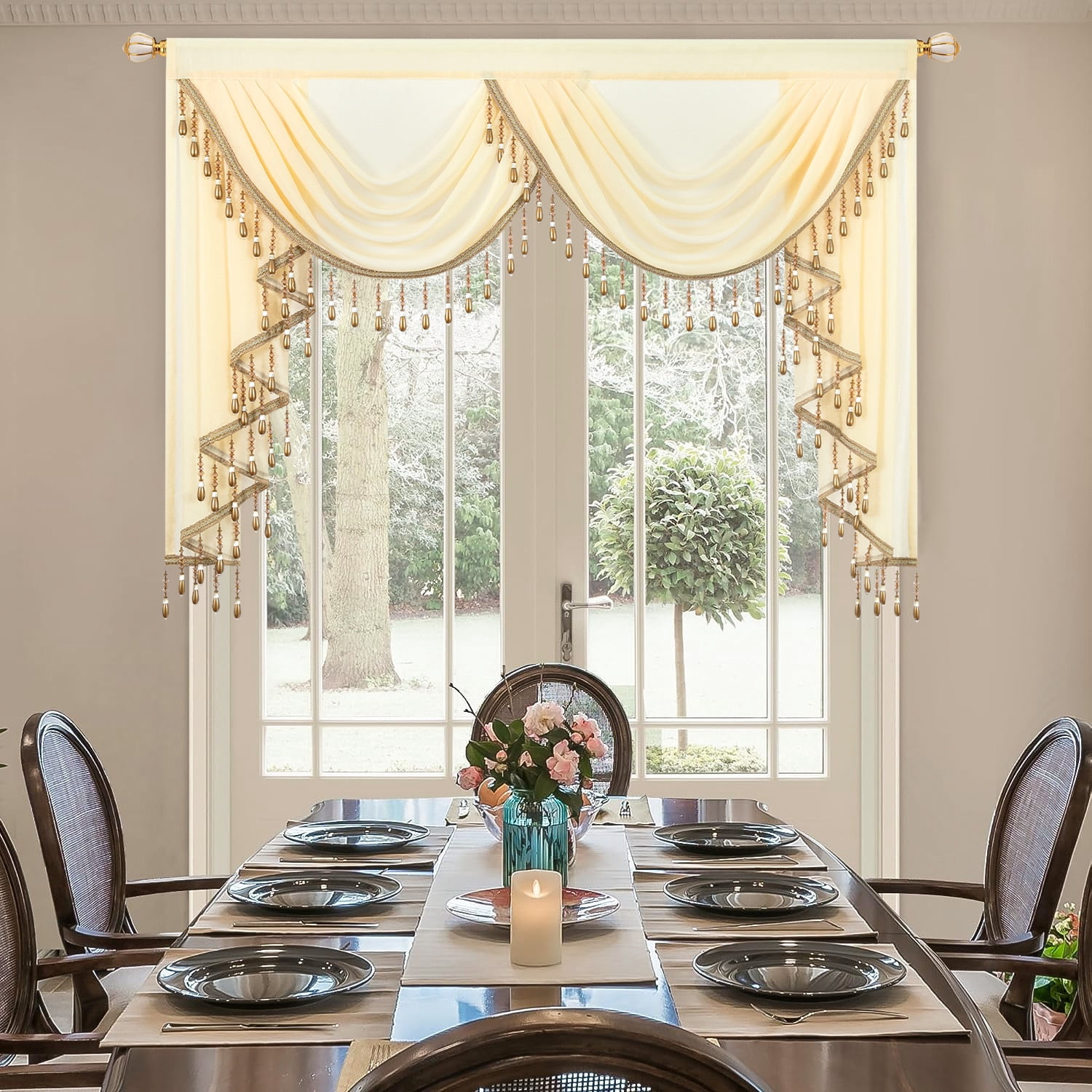 VOGOL Vintage Waterfall Valance for Kitchen Window, 59 inches Wide Light Filtering Privacy Sheer Curtains with 2 Swags, Rod Pocket Drapes for Dining Room, 1 Panel, Brown