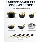 Granitestone 15 Pc Hammered Pots and Pans Set Non stick Cookware Set Pot and Pan Set Nonstick with Utensils, Induction Ready & Dishwasher Safe, Charleston Collection, Black