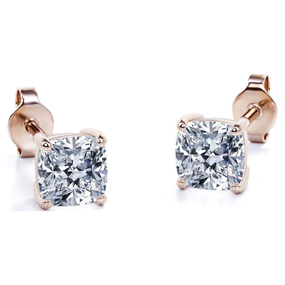 JeenMata 2.5 Carat Cushion Cut Moissanite 4 Prong Solitaire Stud Earrings In 18K Rose Gold Plating Over Silver