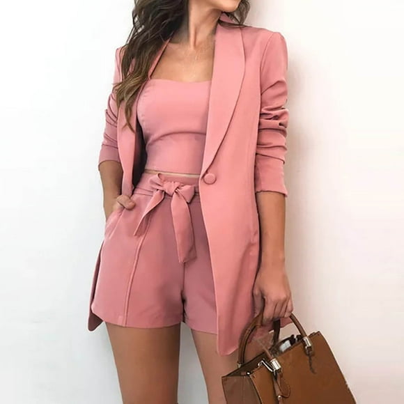 Aqestyerly Sets for Women Summer Women's Casual Sets Solid Three-Piece Suit with Vest+Suit Jacket+Shorts