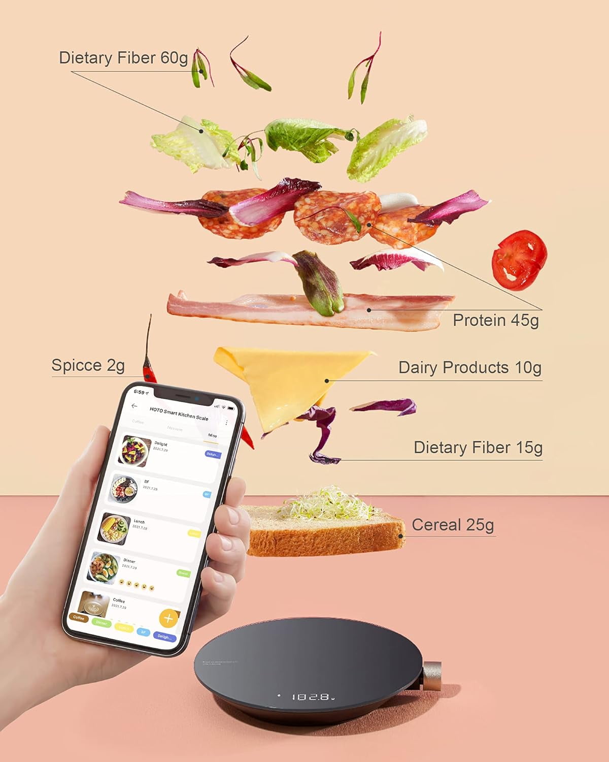 HOTO Smart Digital Food Scale, 0.1g Precision Kitchen Scale, Coffee Scale with 4 Measurement Units