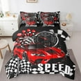 thumbnail image 1 of Erosebridal Red Racing Car Bed in a Bag Queen size, Checkered Flag Bed Set, Boys Extreme Sports Decor, Reversible, 1 of 5