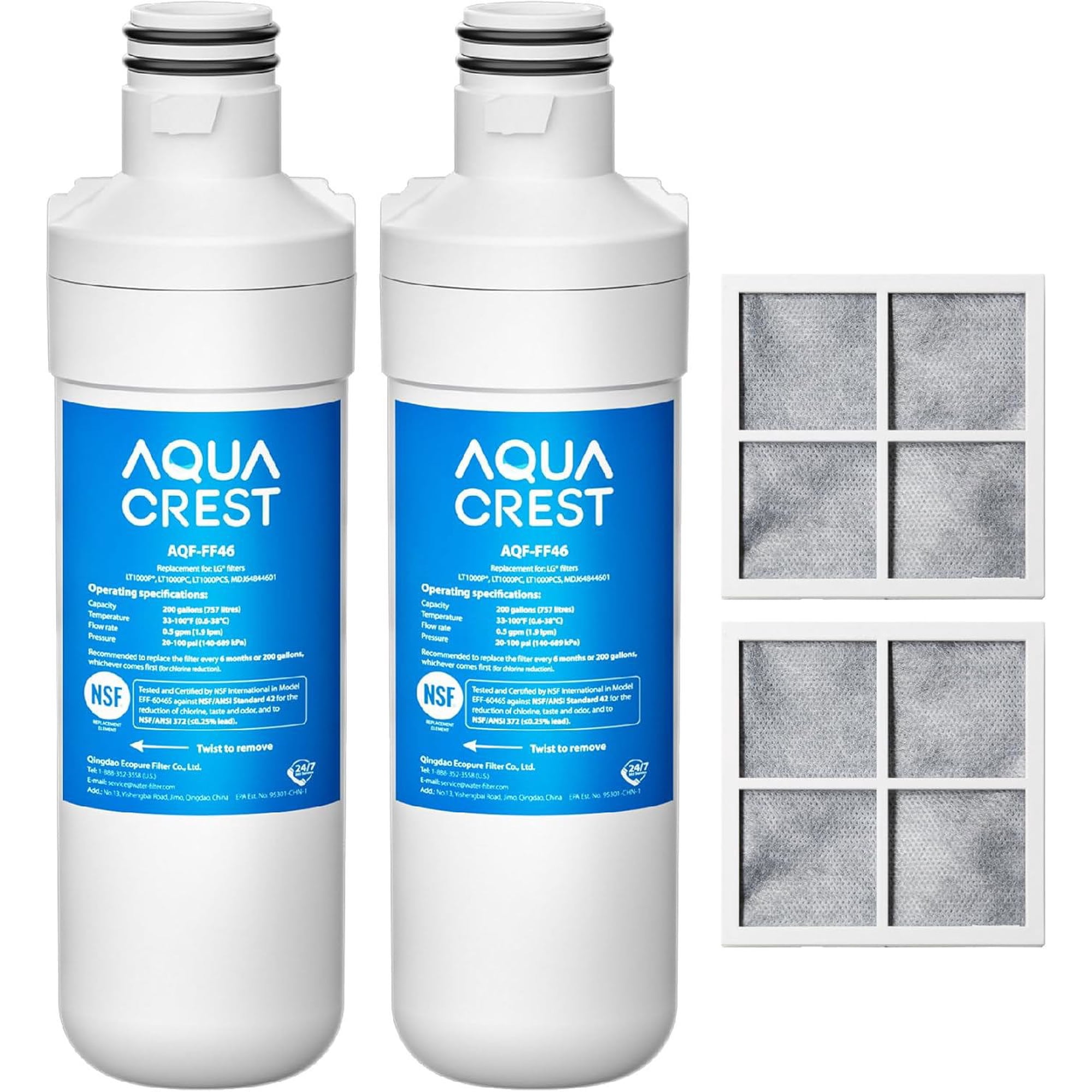 AQUA CREST LT1000PC ADQ747935 Refrigerator Water Filter and Air Filter, Replacement for LG® LT1000P®/PC/PCS, LMXS28626S, LFXS26973S, MDJ64844601, ADQ74793501, ADQ74793502 and LT120F®, 2 Combo