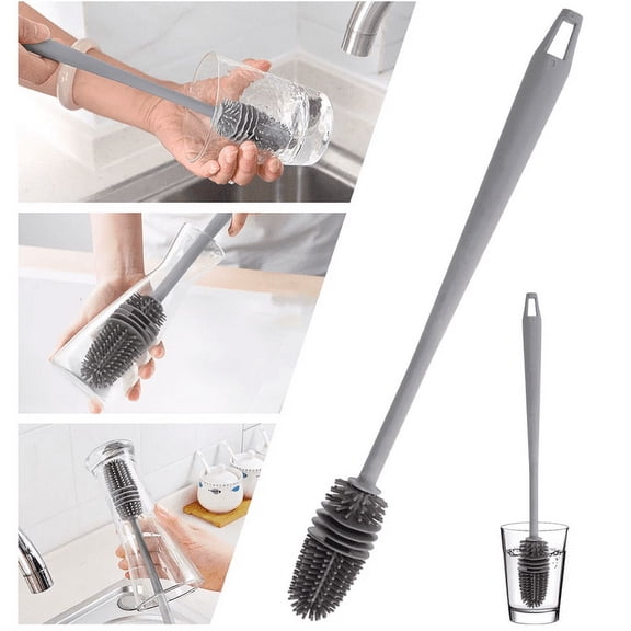Long Handle Silicone Bottle Brush for Water Bottles, Cups, and Wine Glasses, Flexible Scrubber with Slim Head for Deep Cleaning Drinkware