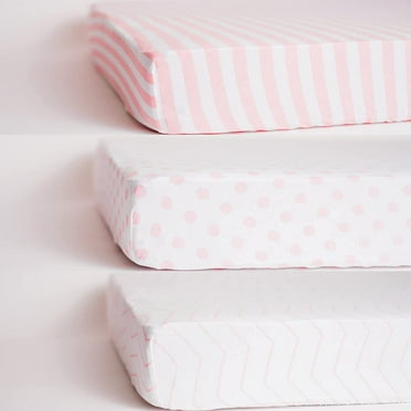 NODNAL CO. Pink and White Cotton Crib Fitted Sheet Set, 100% OEKO-TEX Cotton, 3 Pieces, for Baby Girl Infant/Toddler Nursery Bedding