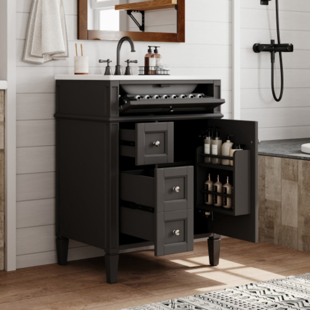 24" Bathroom Vanity with Sink, Modern Freestanding Bathroom Vanity Cabinet with Ceramic Sink, 3 Drawers & Tip-Out Drawer, Adjustable Shelf, Green Storage Cabinet, Black