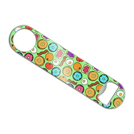 

Fun Breakfast Foods Pattern Stainless Steel Vinyl Covered Flat Bartender Speed Bar Bottle Opener