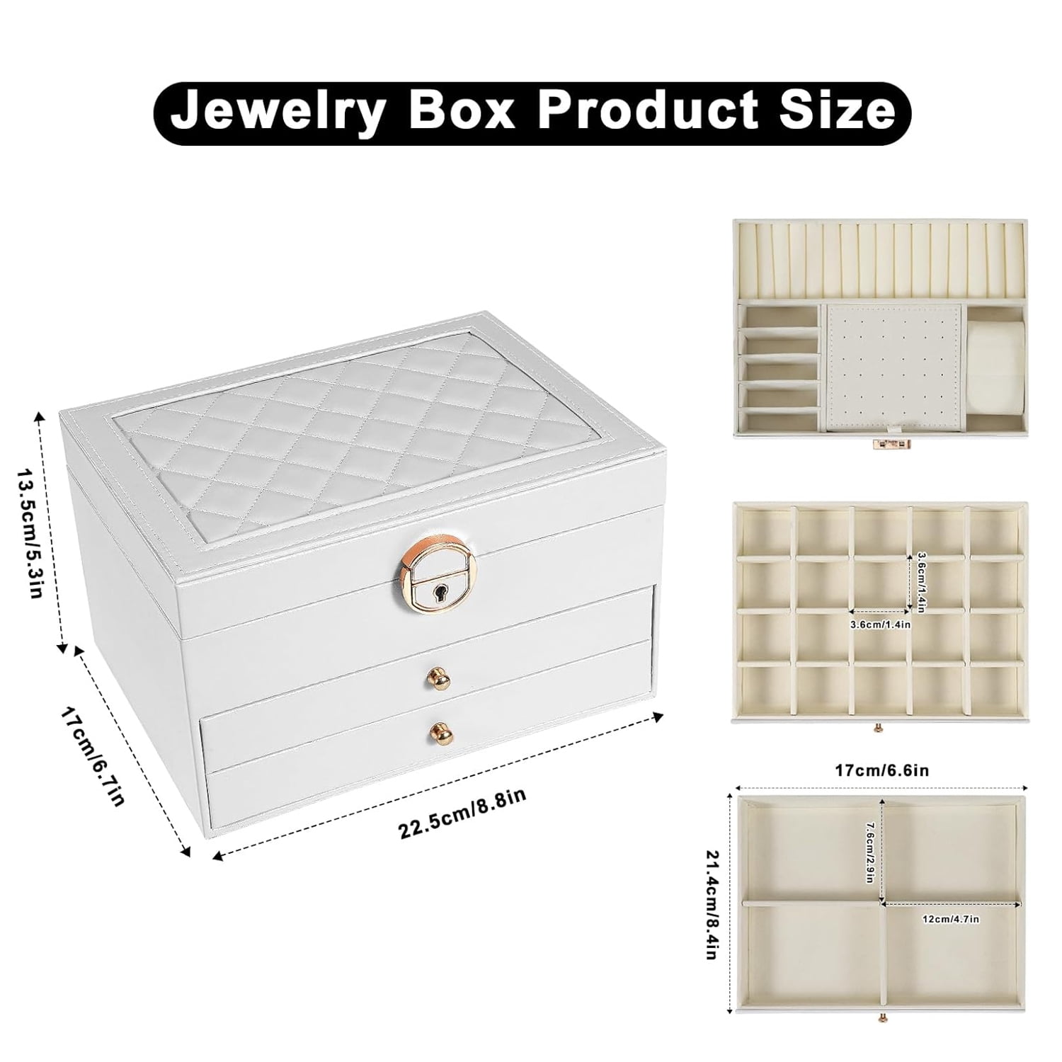 ASKITO 3 Layers Jewelry Box, Lockable Jewelry Holder Organizer with Drawer, Large Jewelry Boxes for Women Girls, Jewelry Holder for Necklace Earring Ring Bracelet Watch, White