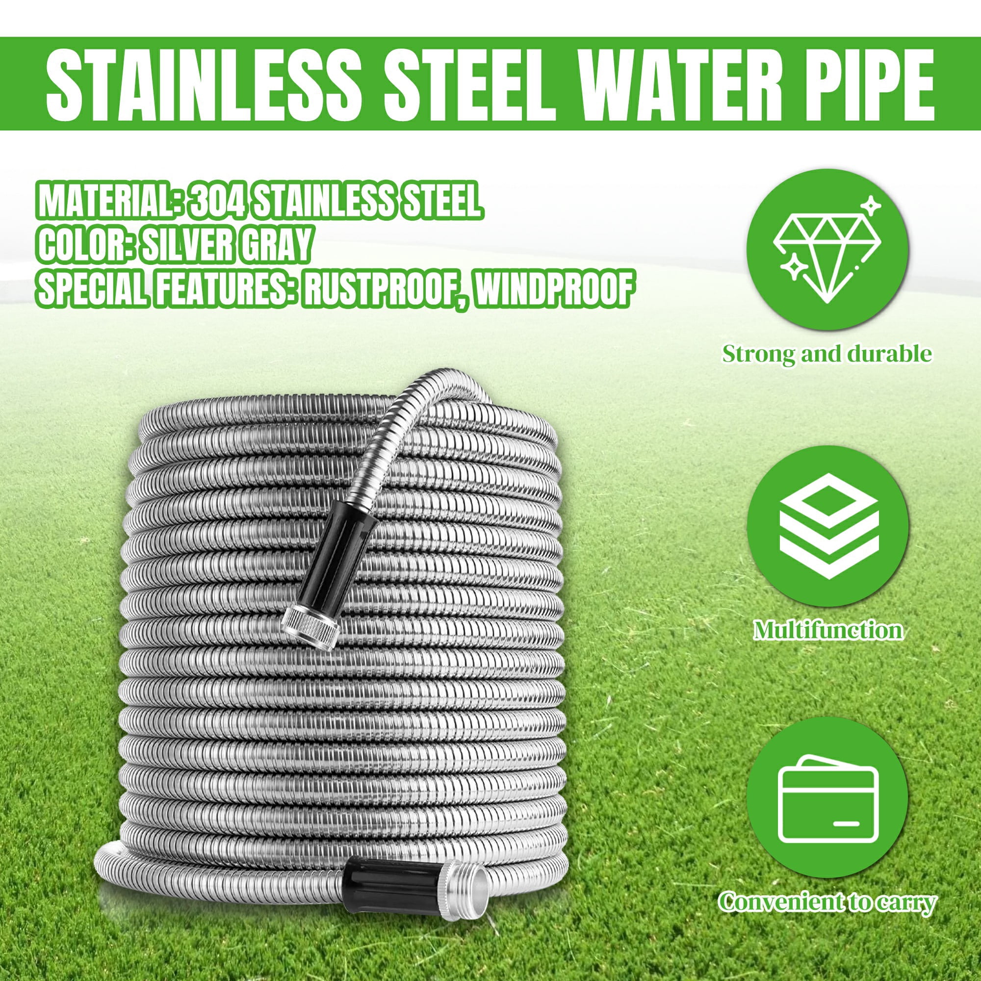 75ft 304 Stainless Steel Garden Hose Flexible Lightweight Out-layer Over Metal Water Hoses with Nozzle for Watering Garden Patio