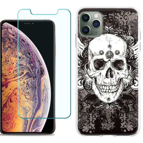 For Apple iPhone 11 Pro Max Phone Case , Slim-Fit TPU Case with Tempered Glass Screen Protector, by OneToughShield ® - Grunge Skull
