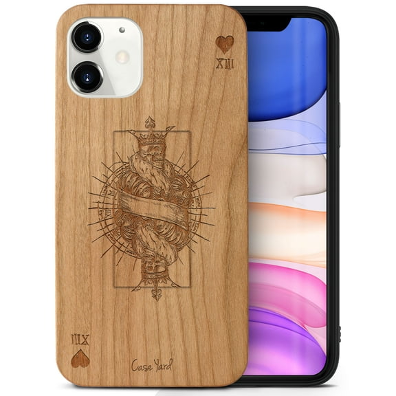 Case Yard Wooden Case Outside Soft TPU Silicone, Slim Fit Shockproof Wood Protective Phone Cover for Girls Boys Men and Women, Supports Wireless Charging King of Hearts Design case for iPhone-12-Mini