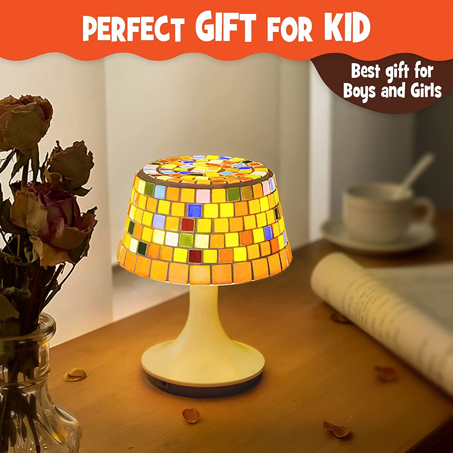 Make Your Own Mosaic Night Light Kit Arts and Crafts for Kids Ages 8-12 DIY Stained Glass Set Crafts Kit for Teens Adults Creativity Rechargeable Turkish Table Lamp Toys Girls Boy Birthday Gift