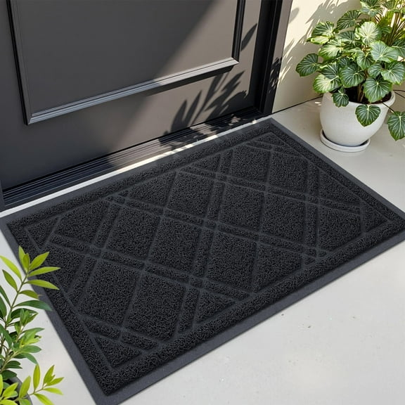 Buganda Door Mat Outside, Heavy Duty Dirt Trapper Doormat, Non Slip Low Profile Mat for Inside, 17"x30", Black