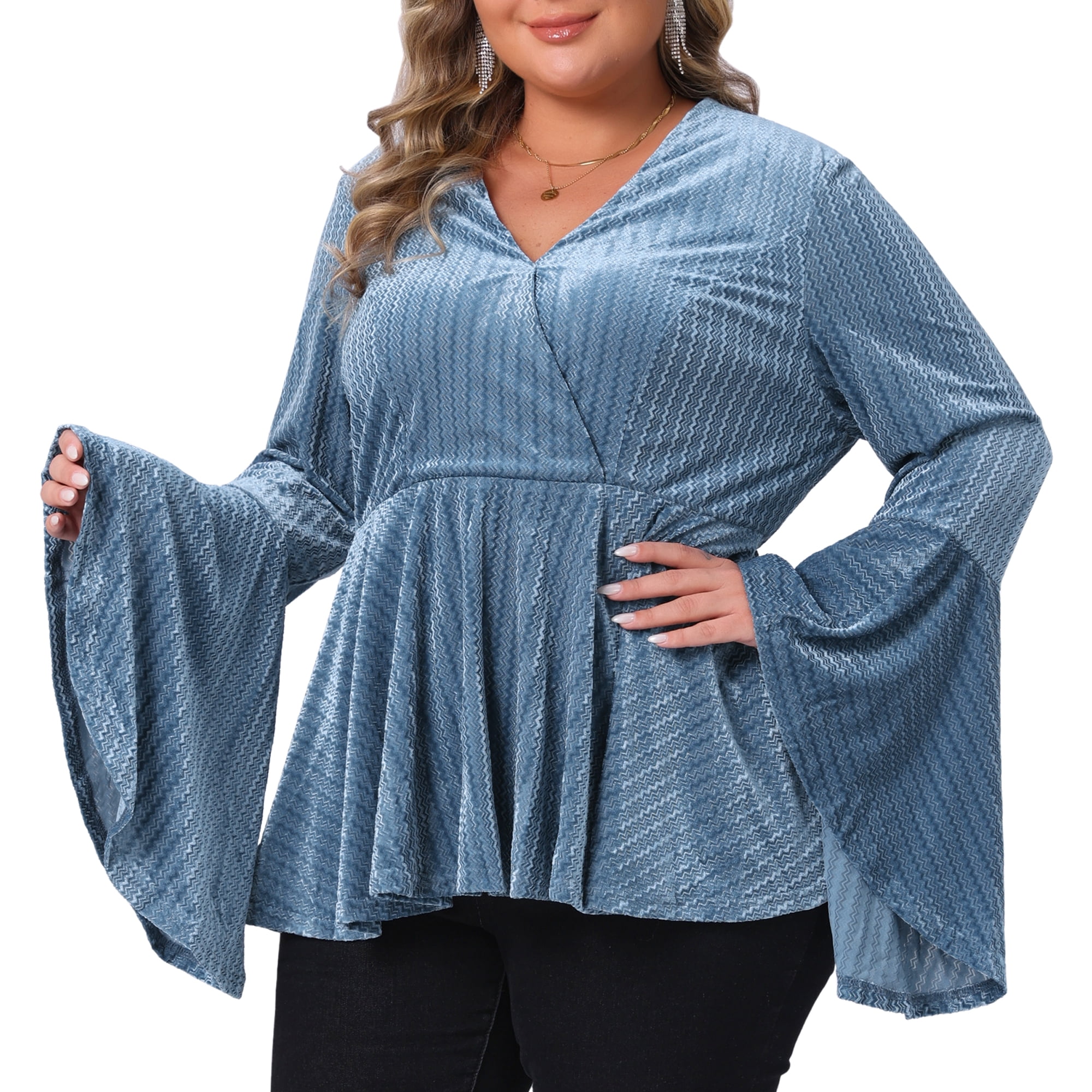 DARING DIVA Women's Plus Velvet  Faux Wrap V Neck Bell Blouse 1X Blue