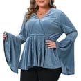 thumbnail image 2 of DARING DIVA Women's Plus Velvet  Faux Wrap V Neck Bell Blouse 1X Blue, 2 of 5