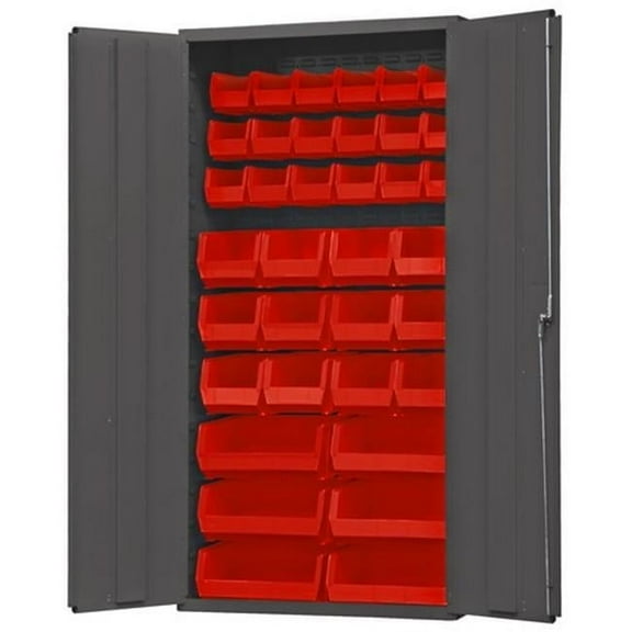 14 Gauge Flush Door Style Lockable Cabinet with 36 Red Hook on Bins, Gray - 36 in.