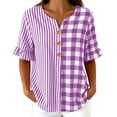thumbnail image 2 of Womens Cotton Linen Tops Summer Elbow Length Sleeve Tshirts for Women Striped Plaid Printed Ruffled Button V Neck Top, 2 of 6