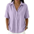 thumbnail image 2 of Women's Button Down Collared Shirt Short Sleeve Linen Blend Casual Loose Fit V Neck Summer Work Blouse Top 02-Light Purple XL, 2 of 5