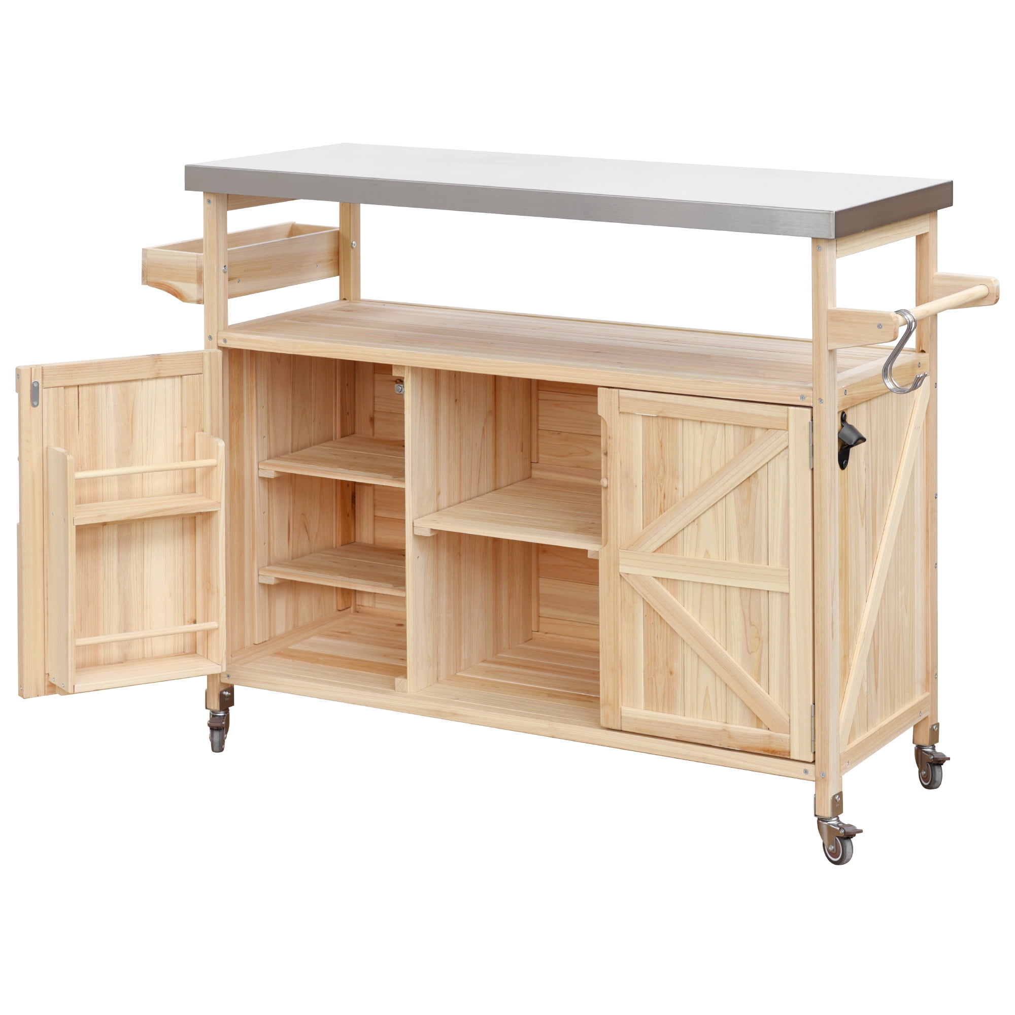 Aukfa Solid Fir Wood Outdoor Kitchen Island with Stainless Steel Top, Rolling BBQ Grill Cart with Storage Cabinet,Natural