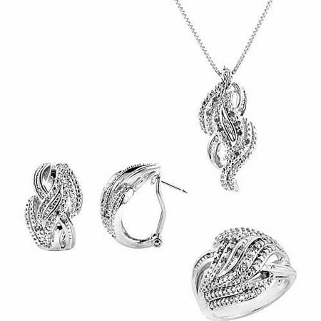 1/4-Carat T.W. Round and Baguette White Diamond Rhodium-plated Ring, Earrings and Pendant Set, 18, Size 7