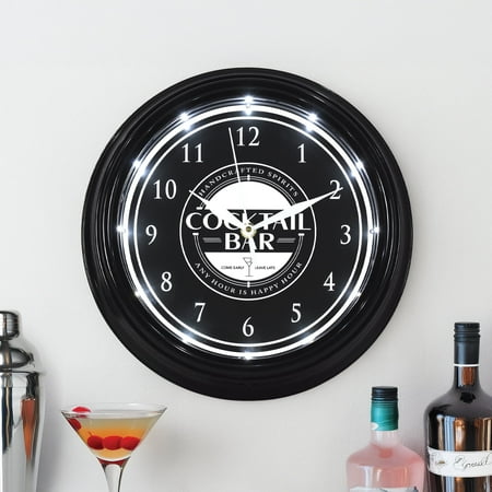 American Art Decor Cocktail Bar LED Wall Clock - 12 Modern Wall Clock for Home, Happy Hour Bar Decor, Wall Clock for Living Room, Office, Game Room, Mancave, Garage (Black/White)