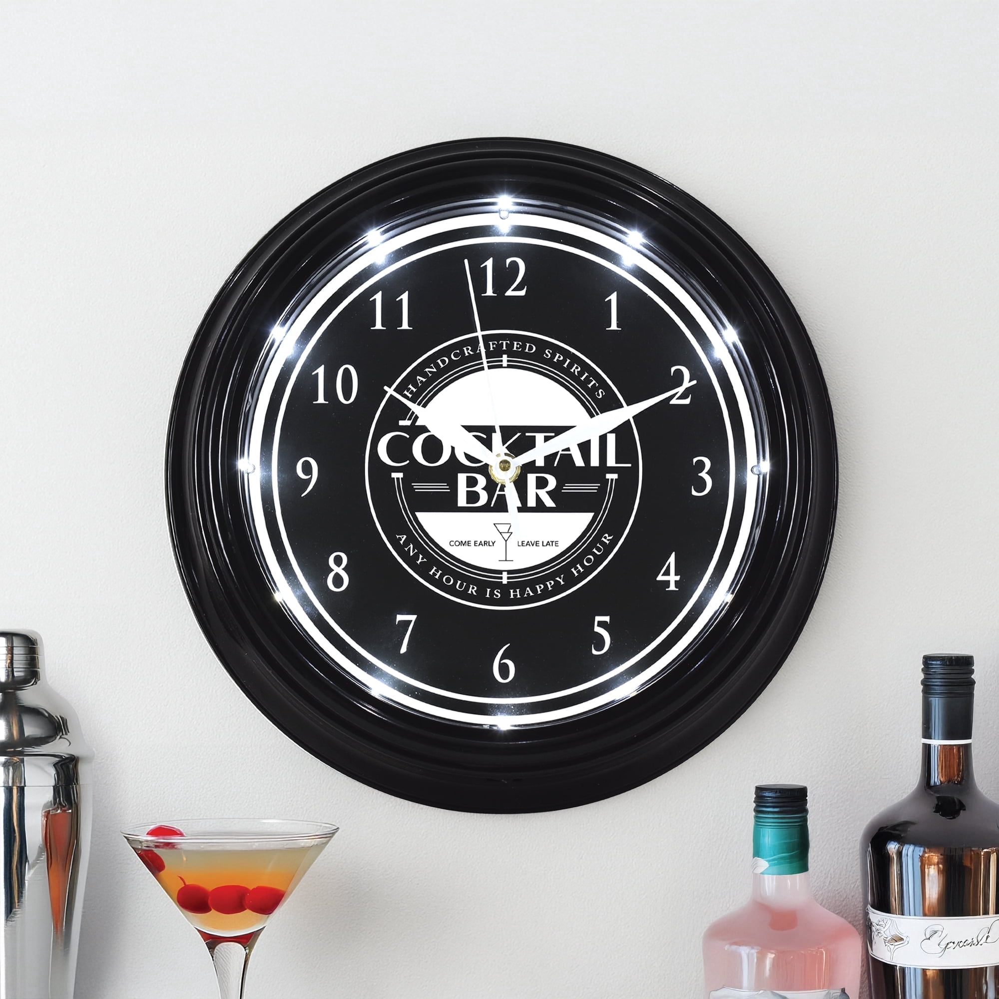American Art Decor Cocktail Bar LED Wall Clock - 12 Modern Wall Clock for Home, Happy Hour Bar Decor, Wall Clock for Living Room, Office, Game Room, Mancave, Garage (Black/White)