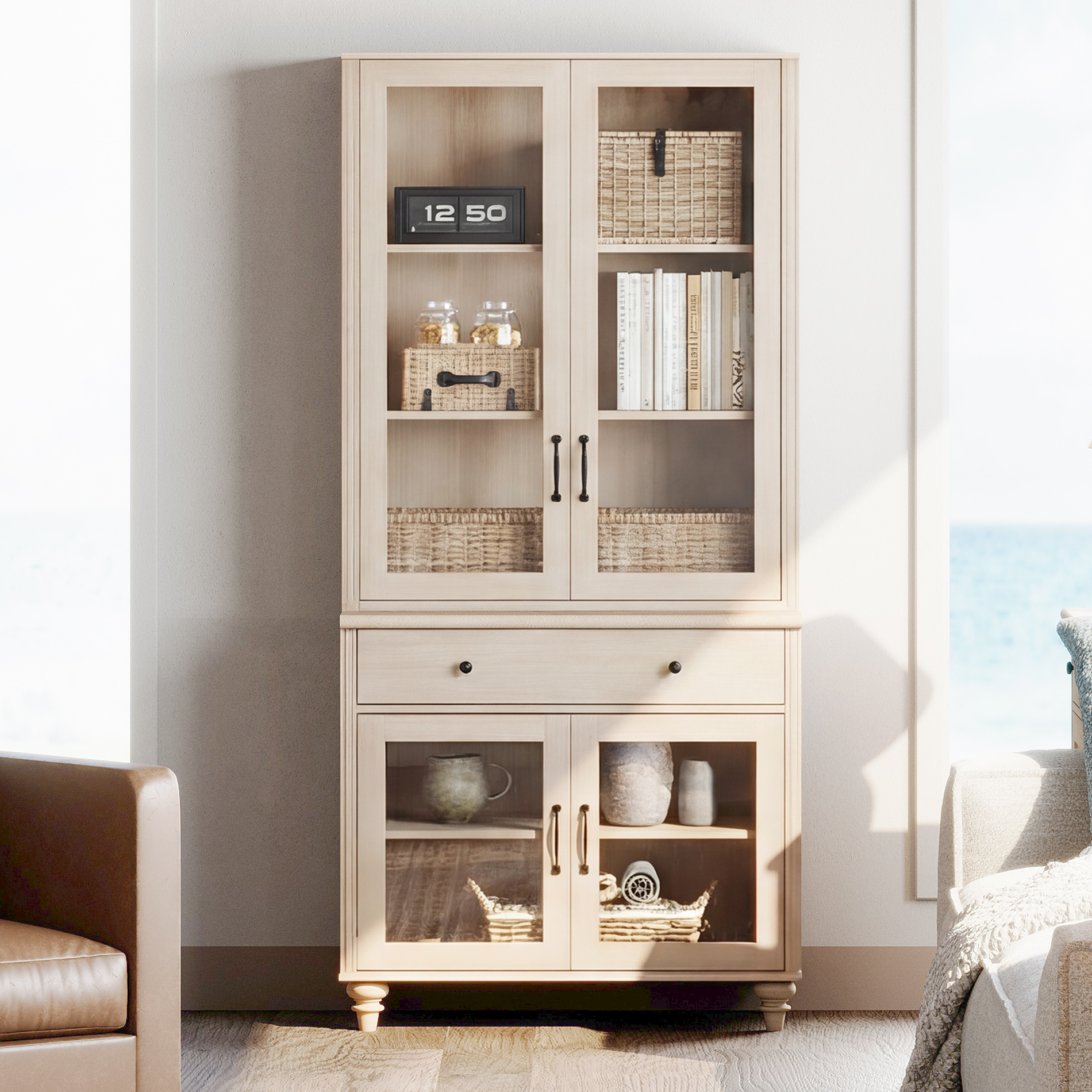 72.1"H × 33.9"W Farmhouse Wooden Bookcase with Glass Doors and Drawer, Large Storage Bookshelf for Living Room, Bedroom, Home Office & Kitchen, Beige