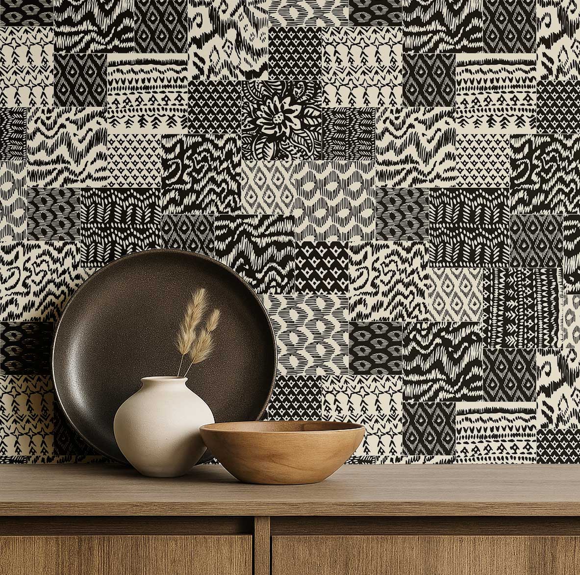 S4Sassy Modern Patchwork Ikat Wallpaper - Black Wall Covering, 25" x 360" Self-Adhesive Textured Vinyl Wall Paper, Decorative Wallwrap, Easy DIY Walls Covering For Bedroom, Cabinets, Living Spaces