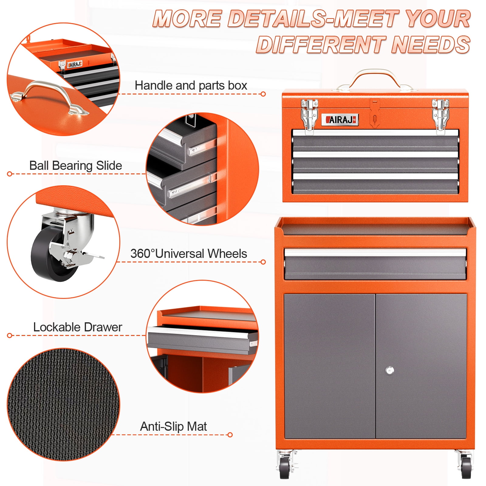 AIRAJ 40" 6-Drawer Rolling Tool Chest | Orange Metal Garage Storage Cabinet with Wheels & Detachable Tool Box Top