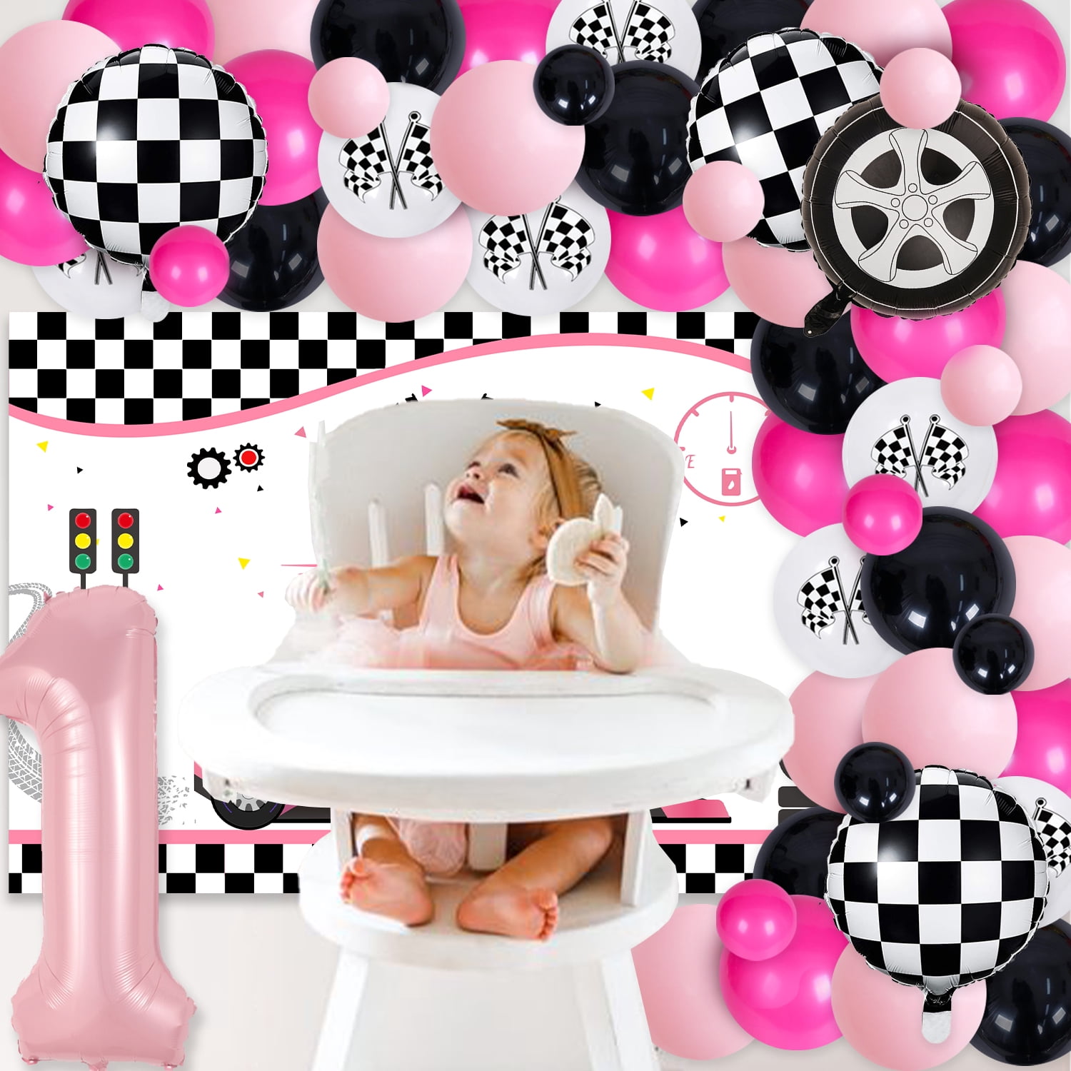 Race Car Theme 1st Birthday Party Decorations for Girls, Fast One Birthday Party Supplies, Pink Lattice Balloon Garland Arch Kit and Fast One Backdrop for Racing Car First Birthday Party