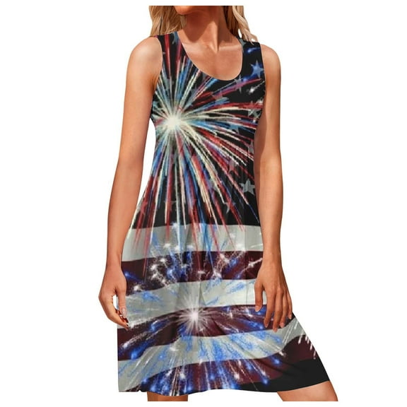 Wycnly Womens Independence Day Dresses Flowy Pleated Swing Elastic Waist 4th of July Mini Dresses Fashion USA Flag Print U-Neck Sleeveless Short Summer Dress Multicolor xxl