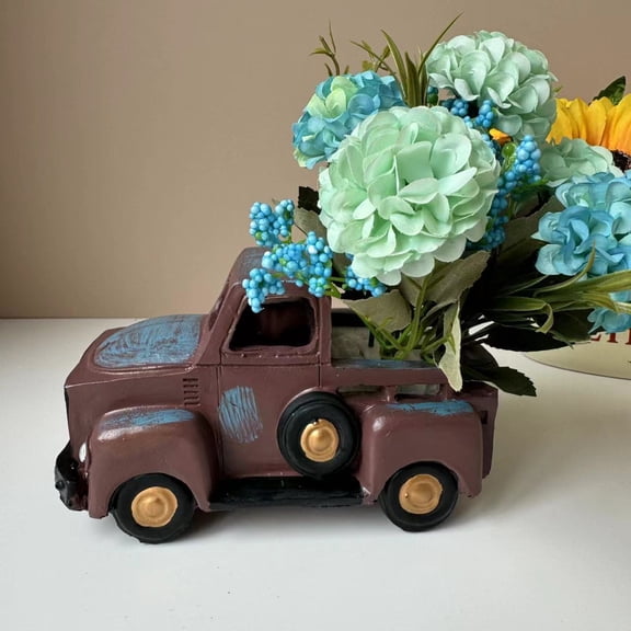 Retro Blue Metal Truck Flower Pot 16x9.5x9.5cm, Vintage Farmhouse Resin Planter for Succulents, Country Style Mini Car Vase for Garden Tabletop Decor(xxw)