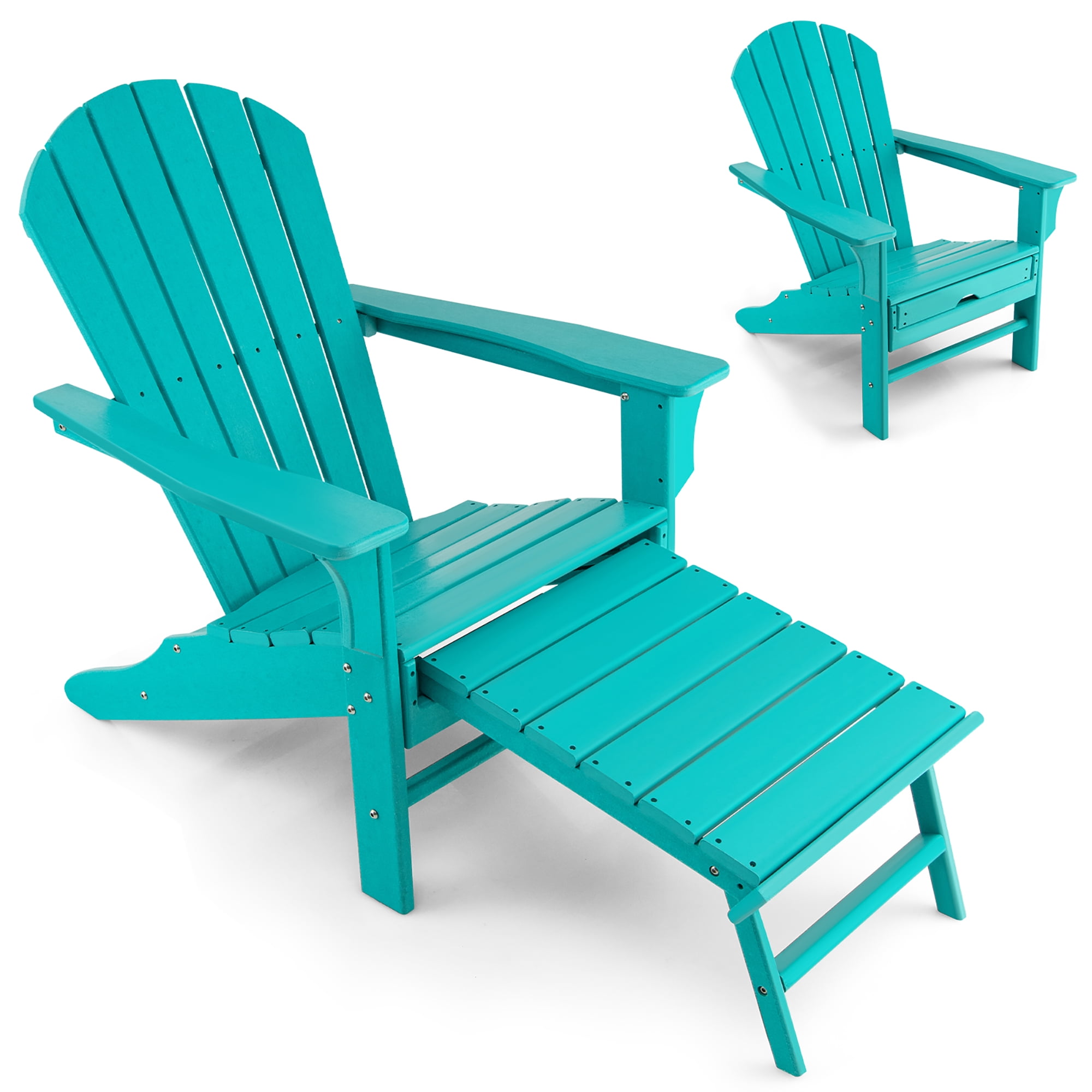 Costway Outdoor Patio HDPE Adirondack Chair Beach Seat Retractable Ottoman Turquoise