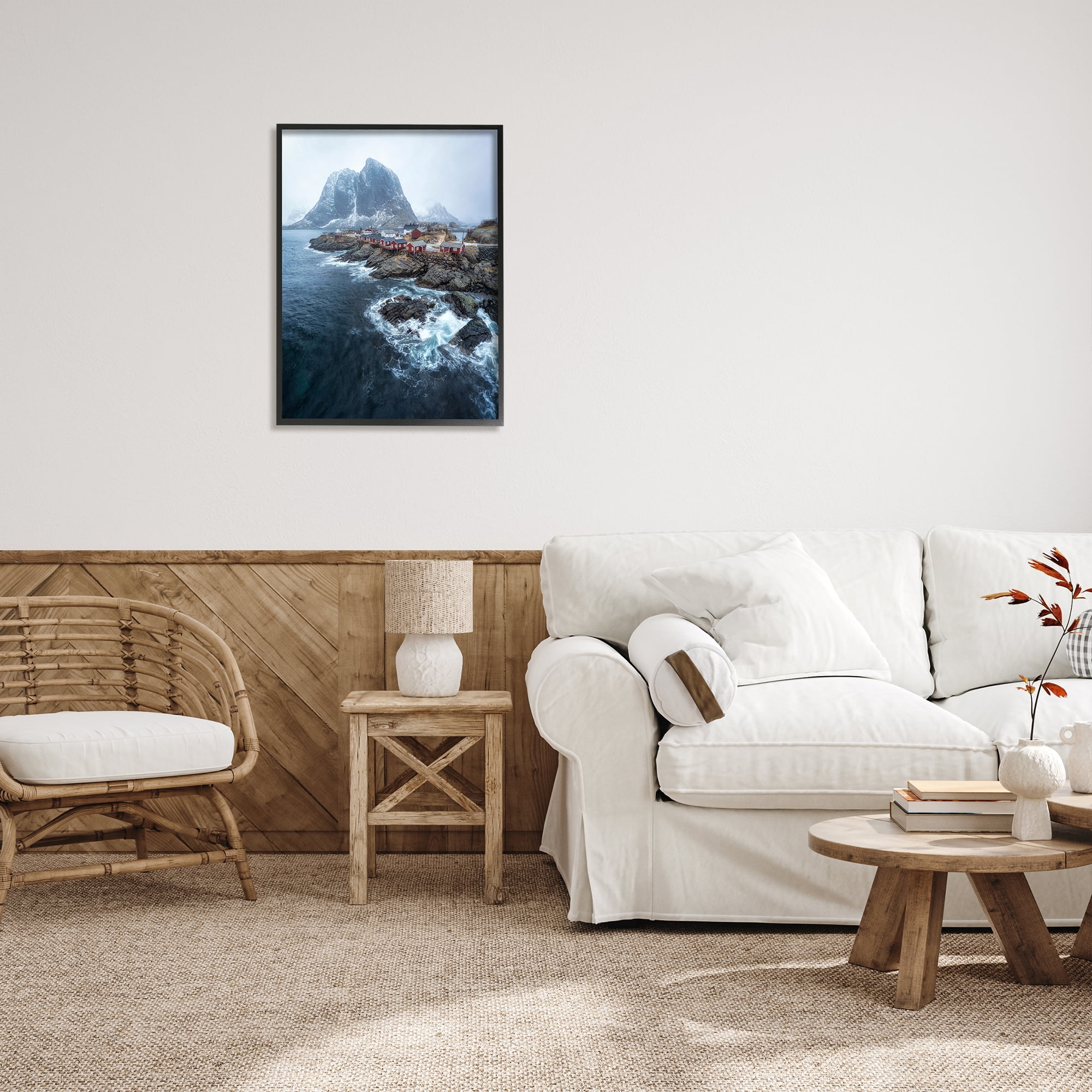 Stupell Industries Coastal Ocean Village Landscape Photography Black Framed Art Print Wall Art, 24 x 30
