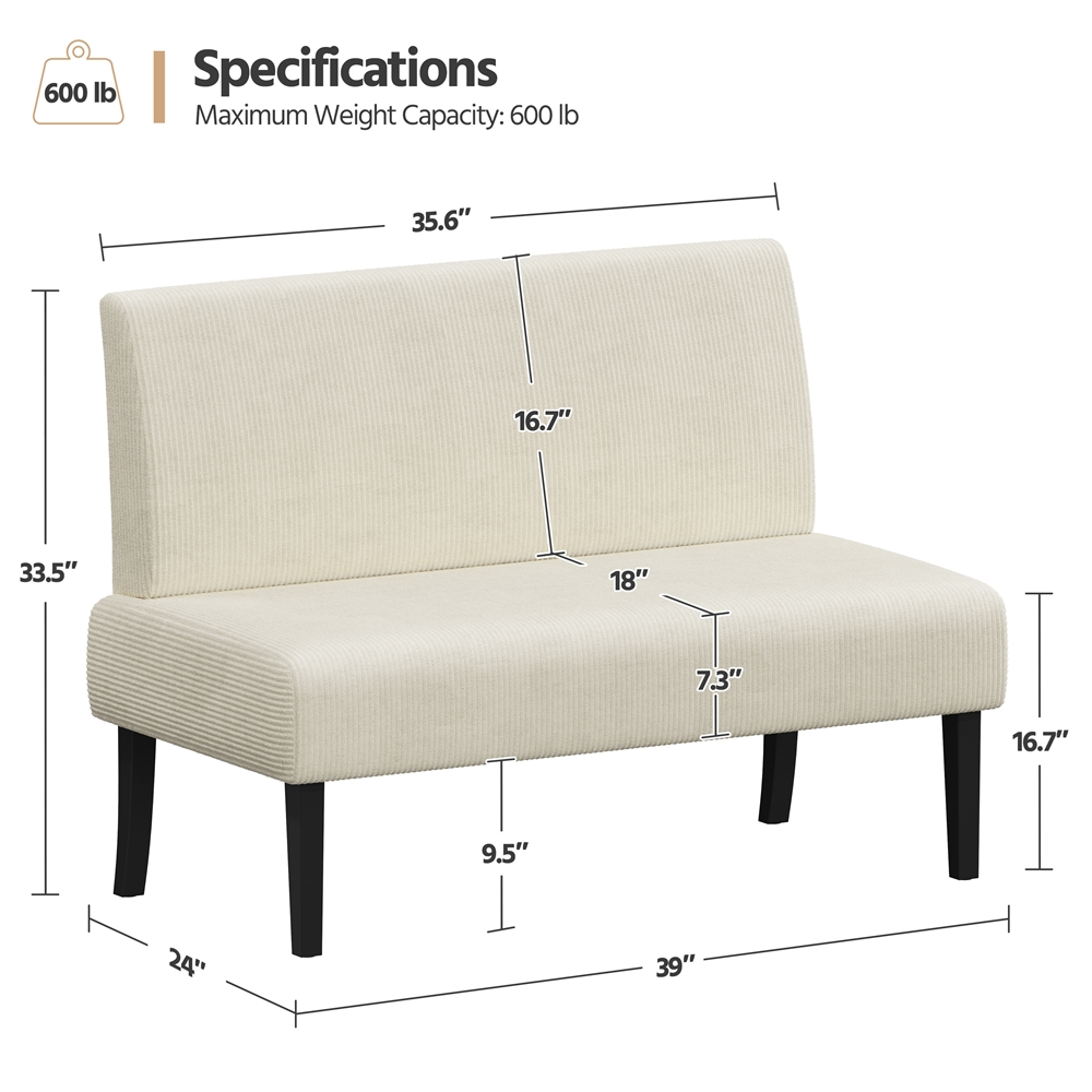 Renwick Corduroy Armless Loveseat with Strong Rubberwood Legs & USB Ports for Small Spaces, Beige