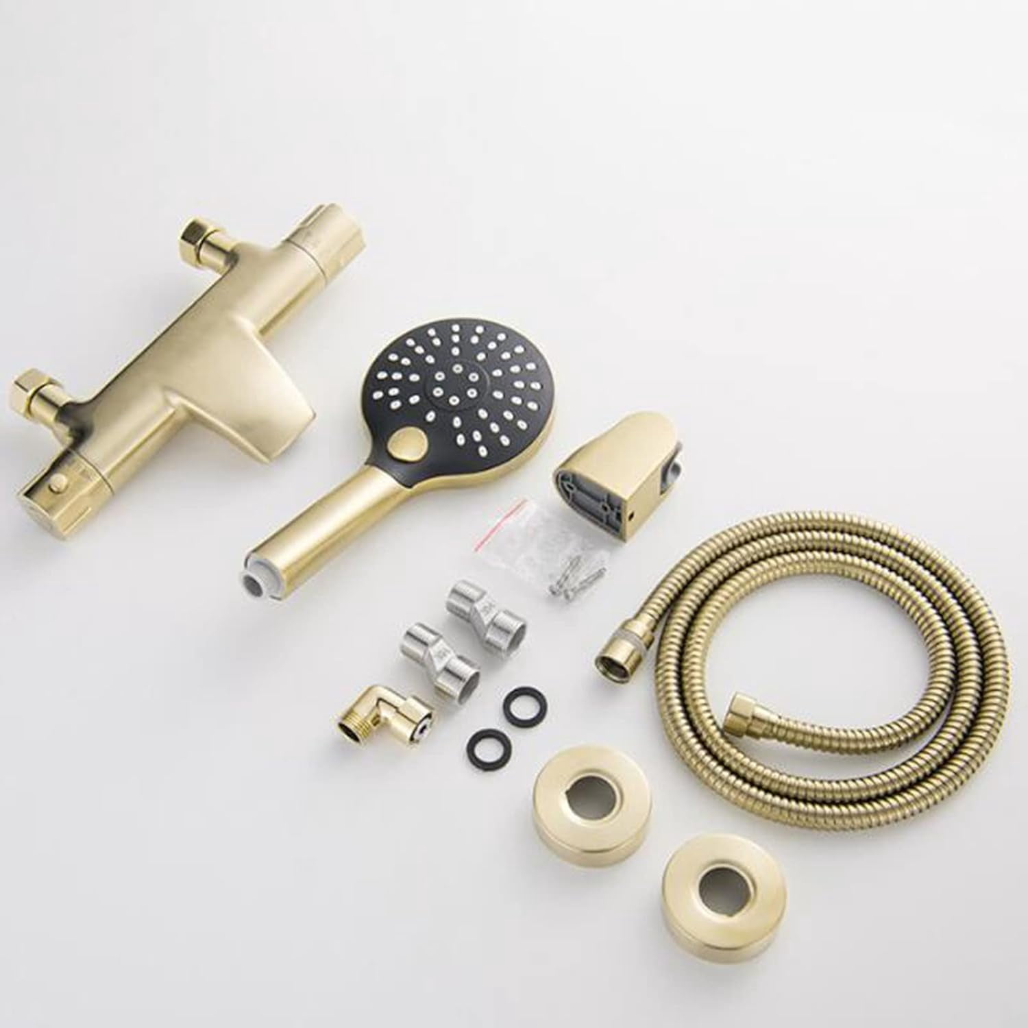 Bathtub Faucet with Handheld Shower Wall Mounted Brass Thermostat Shower Bathtub Faucet Brushed Gold