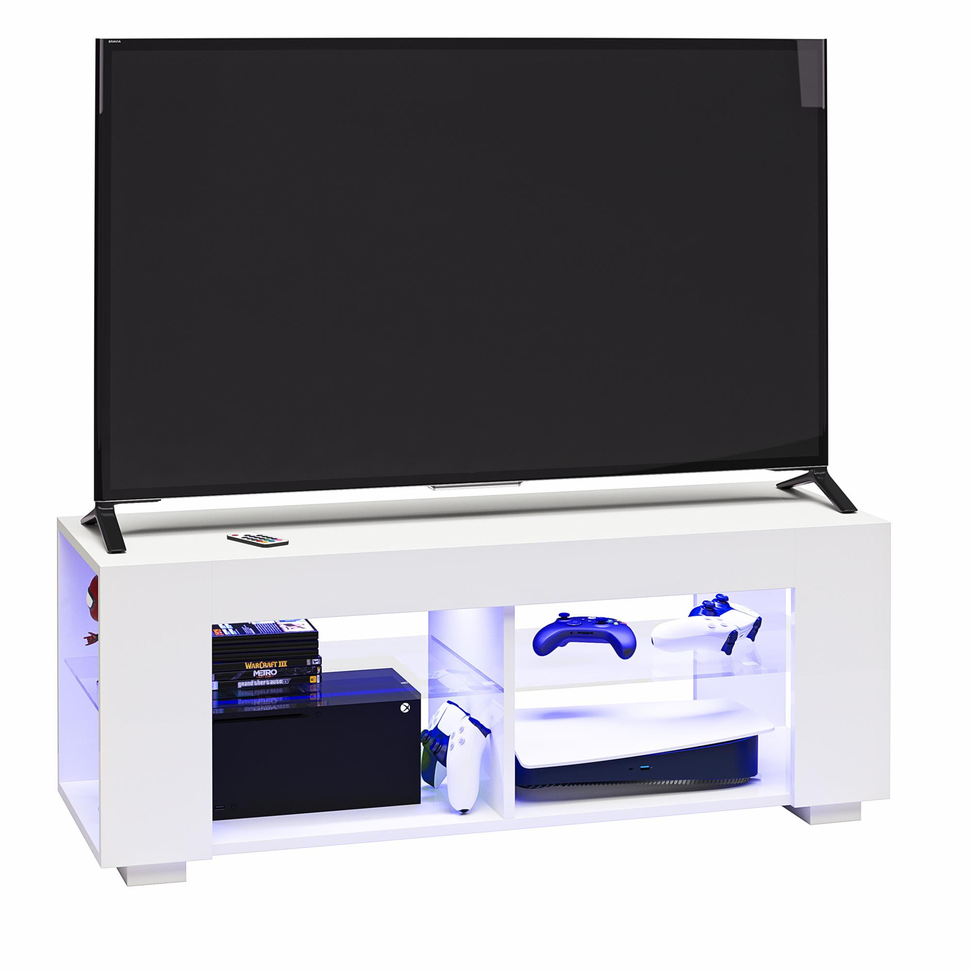 NTense LED TV Stand with Glass Shelves for TVs up to 55", White Gloss
