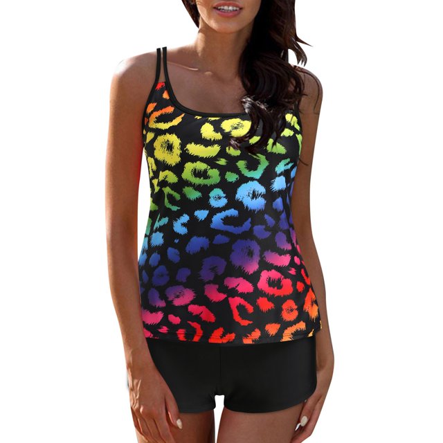 Gibobby Trajes de Baño Mujer Tamaño Split Bathing Plus Print Set Traje de baño digital Traje de baño Traje de mujer Bikini Correa ajustable Trajes de bañ(Negro,XL)