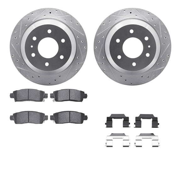 Dynamic Friction Company Rear Brake Rotors-Drilled and Slotted-Silver with 5000 Euro Ceramic Brake Pads includes Hardware 7612-48002
