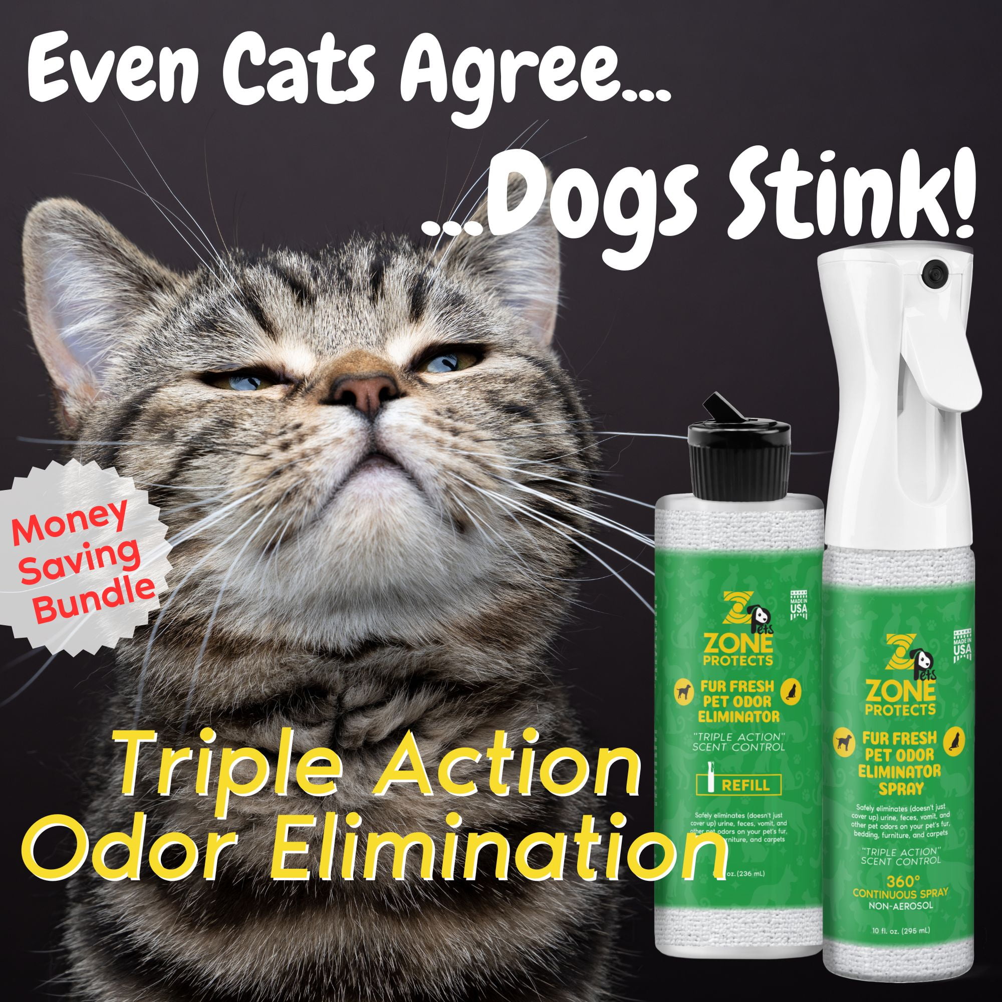 Zone Protects Pets Fur Fresh Pet Odor Eliminator Bundle; Triple Action Continuous Spray + Refill