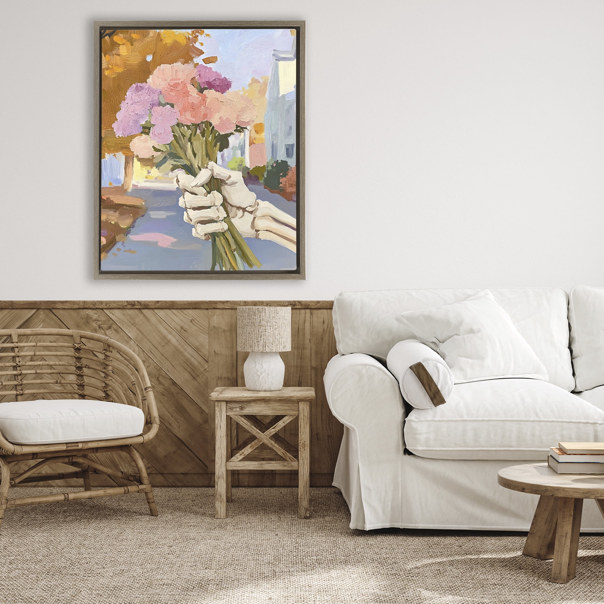 Stupell Industries Skeleton Hand Holding Flowers Brown Framed Floater Canvas Wall Art, design by The Prints Vibe