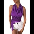 thumbnail image 1 of Blusa de Satén para Mujer, Cruzada, con Cuello en V, Sin Mangas, con Lazo Lateral, Elegante Top Corto de Verano. Púrpura L, 1 of 9