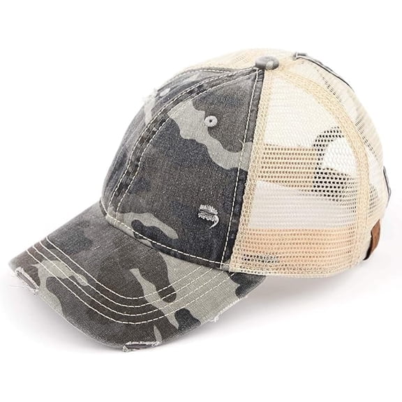 Funky Junque Camo Distressed Trucker Hat – Adjustable Mesh Back Baseball Cap for Women & Men - Black Camo/Beige Mesh