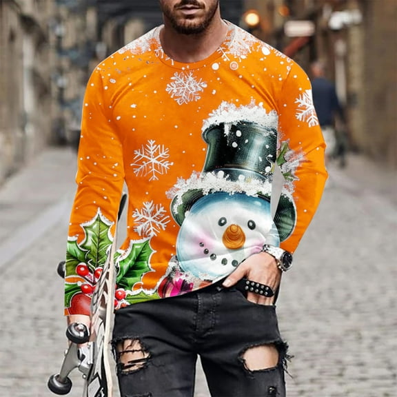 cllios Mens Christmas Shirts Funny,Trendy Novelty Snowman Print Graphic Tees,Xmas Long Sleeve Crewneck Workout Tee Tops,Funny Christmas Shirts for Men